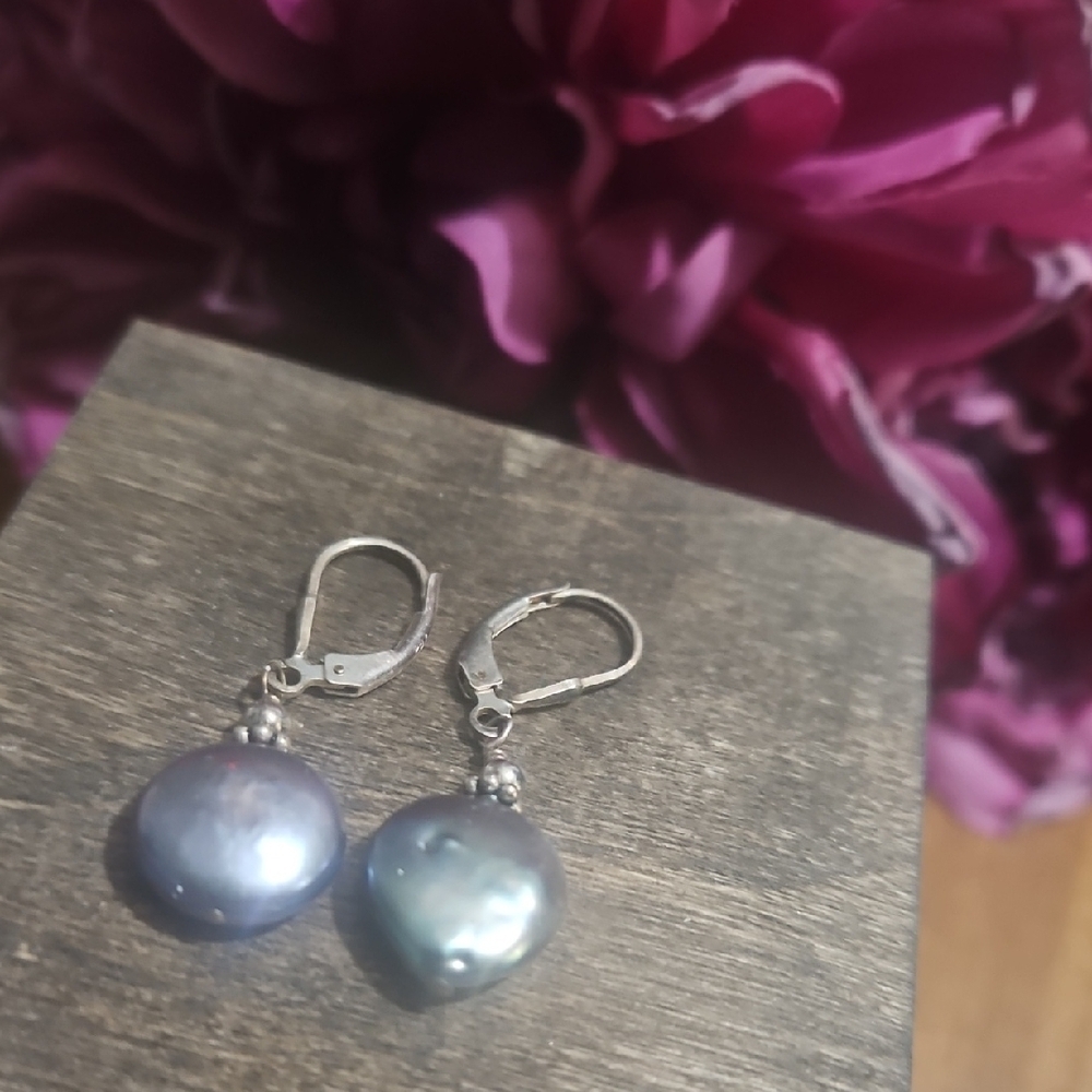Vintage Stamped 925 Sterling Silver Organic Blue Pearl Leverback Drop Earrings